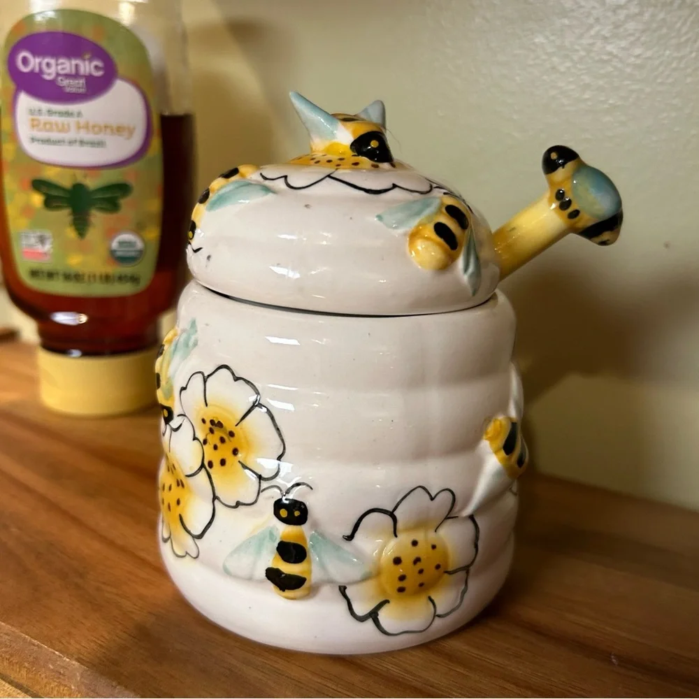 Bee Honey Pot w/ Dipper | Whimsical Ceramic Honey Jar | Cottagecore Kitchen Deco